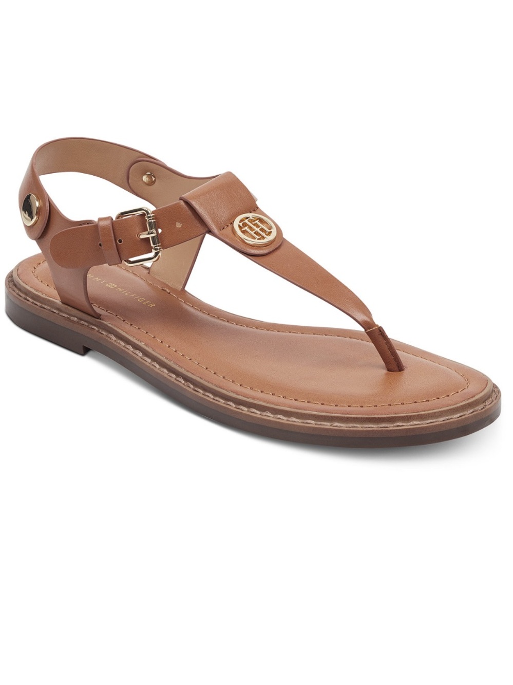 Brand New Tommy Hilfiger Brown T-Strap Sandals with Gold Logo